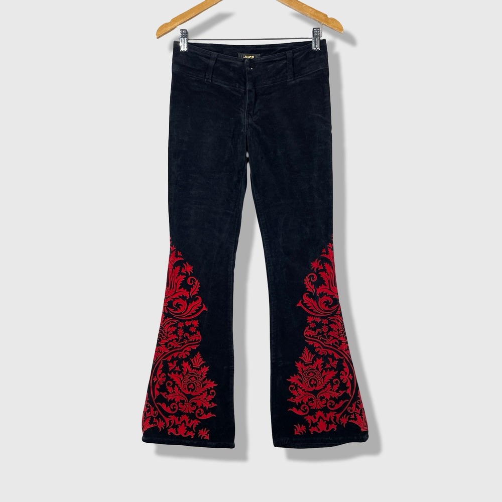 JNCO Pants Womens 5 Black Red Damask Velvet Romantic Flare Goth Y2K Chic